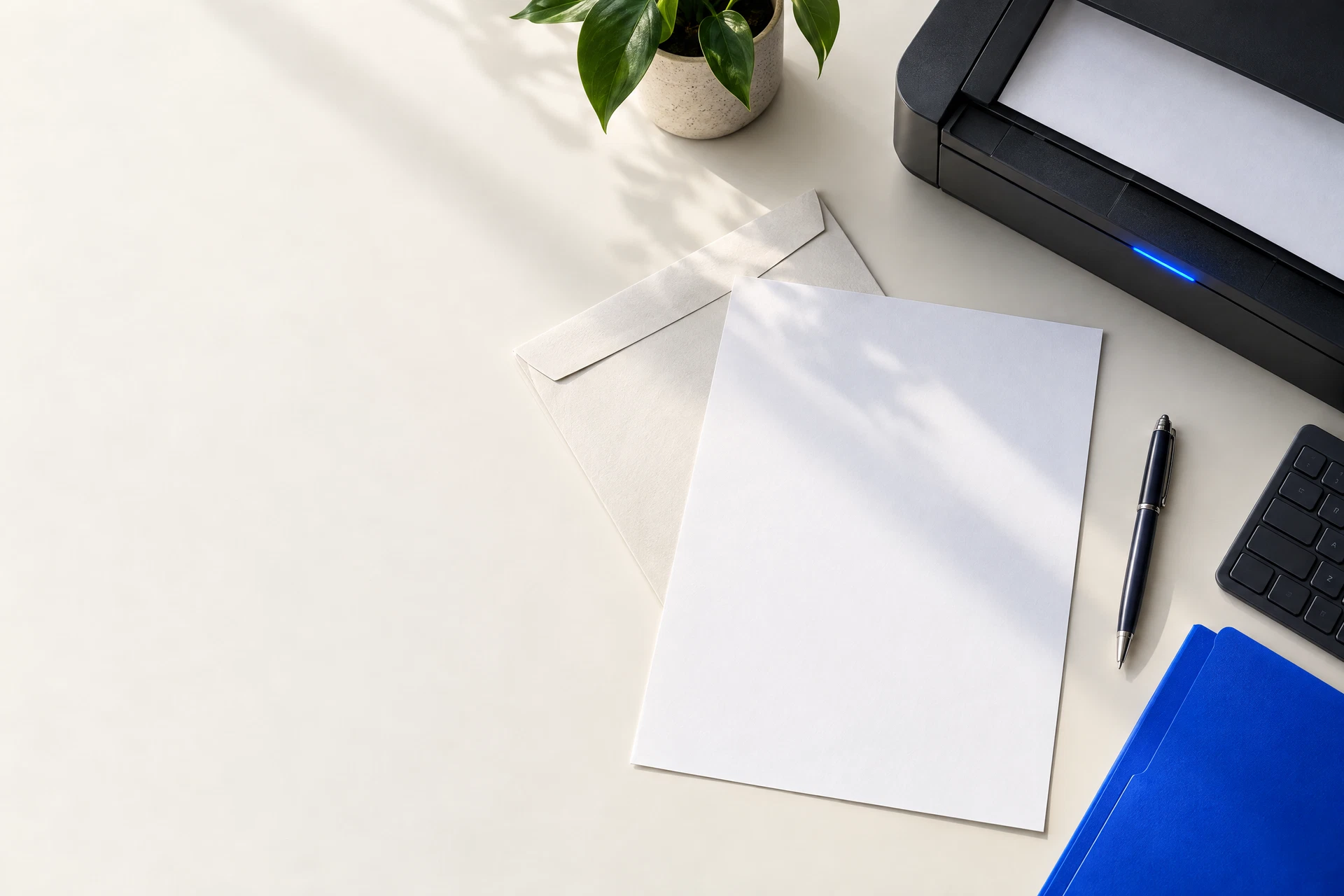 An abstract operational desk arrangement with intake materials, a scanner light, and a cobalt-blue folder.