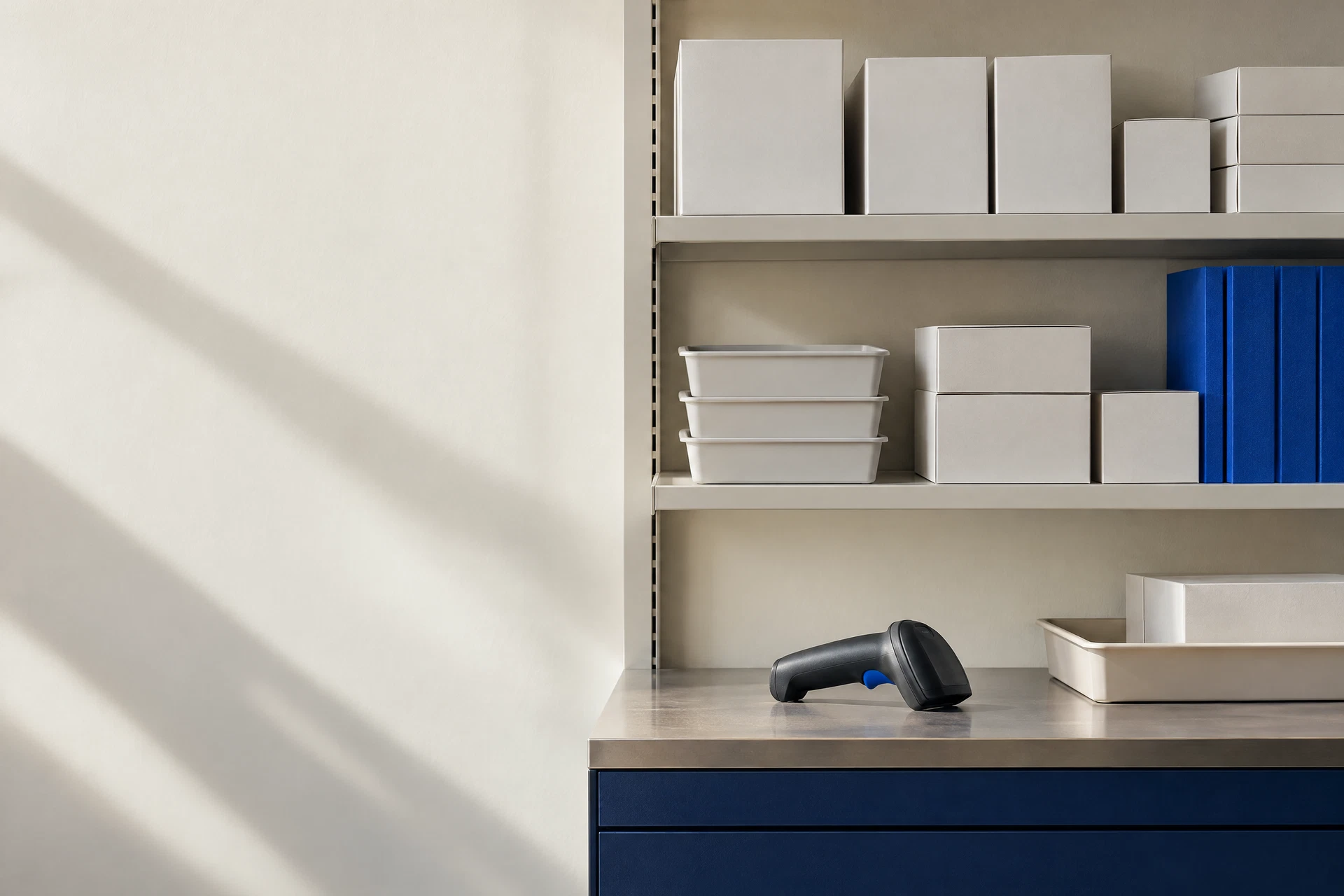 An organised anonymous operations shelf with neutral supply cartons, work trays, a scanner, and a cobalt-blue file edge.
